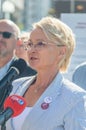 Closeup on Anna Mieczkowska during press conference on the 42nd anniversary of the August Agreements.