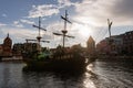 Gdansk, Poland - 03 August, 2023: Pleasure ship in the form of a pirate ship in the city