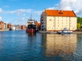 GDANSK, POLAND - AUGUST 25, 2014: SS Soldek ship - polish coal and ore freighter. On Motlawa River at National Maritime