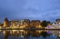 Gdansk Poland 2023 - bank of Motlawa river at night with Hilton hotel