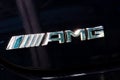 Logo and sign of Merceds AMG on black car. Mercedes-AMG is a bland belong to Mercedes-Benz