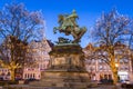 Monument of King John III Sobieski in old town of Gdansk with christmas lights, Poland