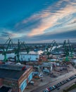 Gdansk, Poland - December 20, 2023: Shipyard areas in Gdansk at sunrise. Poland Royalty Free Stock Photo