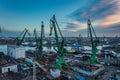 Gdansk, Poland - December 20, 2023: Shipyard areas in Gdansk at sunrise. Poland Royalty Free Stock Photo