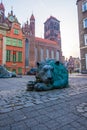 Fountain with lions in front of Royal Chapel of St. Mary`s Basilica in Gdansk, Poland Royalty Free Stock Photo