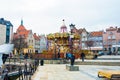 Retro carousel to historical waterfront of Gdansk`s Main Town on the Motlawa River. Gdansk, Poland