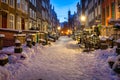 Gdansk, Poland - January 17, 2021: Beautiful architecture of the Mariacka street in Gdansk at snowy winter, Poland