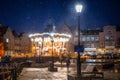 Gdansk, Poland - January 13, 2024: Gdansk carousel over the Motlawa river in a snowy winter night, Poland