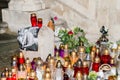 Flowers, candles and Pawel Adamowicz`s photo after his death at night.