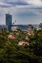 Beautiful cloudy panorama of Gdansk city and skyscrapers and corporate buildings at Oliwa district