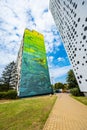 Colorful murals in the Zaspa district on side walls of high and big blocks of flats