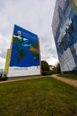 Colorful murals in the Zaspa district on side walls of high and big blocks of flats