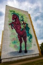 Colorful murals in the Zaspa district on side walls of high and big blocks of flats