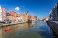 Gdansk, Poland - June 2, 2019: Architecture of the old town in Gdansk at Motlawa river, Poland. Gdansk is the historical capital