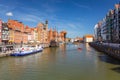 Gdansk, Poland - June 2, 2019: Architecture of the old town in Gdansk at Motlawa river, Poland. Gdansk is the historical capital