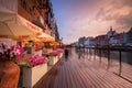 Gdansk, Poland - June 20, 2020: Modern architecture of the granaries island in old town of Gdansk at sunset