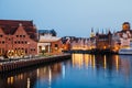 Polish Baltic Philharmonic and old town buildings with river at night in Gdansk, Poland Royalty Free Stock Photo