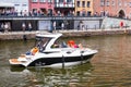 Gdansk, Poland - June 2, 2019: Yacht on the Motkawa river at the historical old town of Gdansk, Poland. Gdansk is the historical