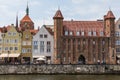 Gdansk, Poland - Juny, 2019. Gdansk old town and famous crane, Polish Zuraw. View from Motlawa river. The city also known as Royalty Free Stock Photo