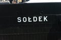 Close-up on Soldek sign on ship. Soldek is first ship built in Poland after World War II