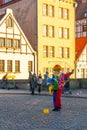 Gdansk, Poland - 11 March, 2022: A man in cloun form blows soap bubbles in Gdansk Royalty Free Stock Photo