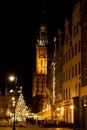 Gdansk Poland March 2022 Old town in Gdansk at night. Winter holiday Christmas tree decoration. Main square Visit Gdansk
