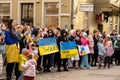 Gdansk Poland March 2022 Protest manifestation against war. Anti-war demonstration Ukrainian flag in Gdansk Poland