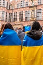 Gdansk Poland March 2022 Protest manifestation against war. Anti-war demonstration Ukrainian flag in Gdansk Poland