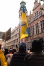 Gdansk Poland March 2022 Protest manifestation against war. Anti-war demonstration Ukrainian flag in Gdansk Poland