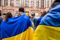 Gdansk Poland March 2022 Protest manifestation against war. Anti-war demonstration Ukrainian flag in Gdansk Poland