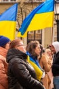 Gdansk Poland March 2022 Protest manifestation against war. Anti-war demonstration Ukrainian flag in Gdansk Poland