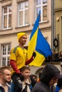 Gdansk Poland March 2022 Protest manifestation against war. Anti-war demonstration Ukrainian flag in Gdansk Poland