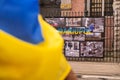 Gdansk Poland March 2022 Protest manifestation against war. Anti-war demonstration Ukrainian flag in Gdansk Poland