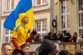 Gdansk Poland March 2022 Protest manifestation against war. Anti-war demonstration Ukrainian flag in Gdansk Poland