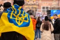 Gdansk Poland March 2022 Protest manifestation against war. Anti-war demonstration Ukrainian flag in Gdansk Poland