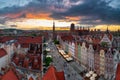 Gdansk, Poland - May 23, 2021: Amazing architecture of the main city in Gdansk at sunset, Poland. Aerial view of the Long Market, Royalty Free Stock Photo