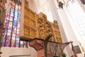 Gdansk, Poland, May 15, 2022: Interior of St. Mary`s Basilica in Gdansk.. Main altar: Coronation of the Blessed Virgin Mary