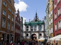 Gdansk, Poland, May 15, 2022: Long Lane street with 17th century Golden Gate Long Street Gate, decorative facade, cityscape Royalty Free Stock Photo