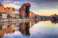 Gdansk, Poland - May 5, 2018: Old town of Gdansk reflected in the Motlawa river at sunrise, Poland. Gdansk is the historical Royalty Free Stock Photo