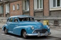 Gdansk Poland May 2022. 1950s Oldsmobile Super 88 Holiday hardtop sedan on street. Old blue vintage classic American car Royalty Free Stock Photo