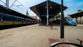 Gdansk Poland May 2022 trains at Gdansk Glowny railway station. Polish intercity train. Travel tourist concept. People