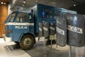 Communist milicja (police) car and shields in European Solidarity Centre in Gdansk, Poland