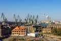 Shipyard cranes and construction area in the old city of Gdansk, Poland