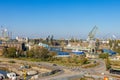 Shipyard cranes and construction area in the old city of Gdansk, Poland