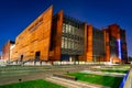 Gdansk, Poland - October 11, 2020: Rusty steel building of European Solidarity Centre in Gdansk at night, Poland. The ECS museum Royalty Free Stock Photo