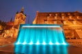 Beautiful Hevelius fountain highlighted by colorful lights around and splashing water around at Royalty Free Stock Photo