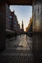 Beautiful long and old Dluga street with old buildings on both sides and beautiful and high red