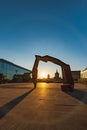 Beautiful sunrise with halo with shining sun catched in small statue at Sienny Targ square