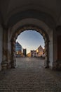 Beautiful view to old buildings of old town in Gdansk catched in frame of doors of Green Gate Royalty Free Stock Photo