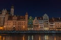 GDANSK, POLAND - SEPTEMBER 1, 2016: Night view of riverside houses by Motlawa river in Gdansk, Polan Royalty Free Stock Photo